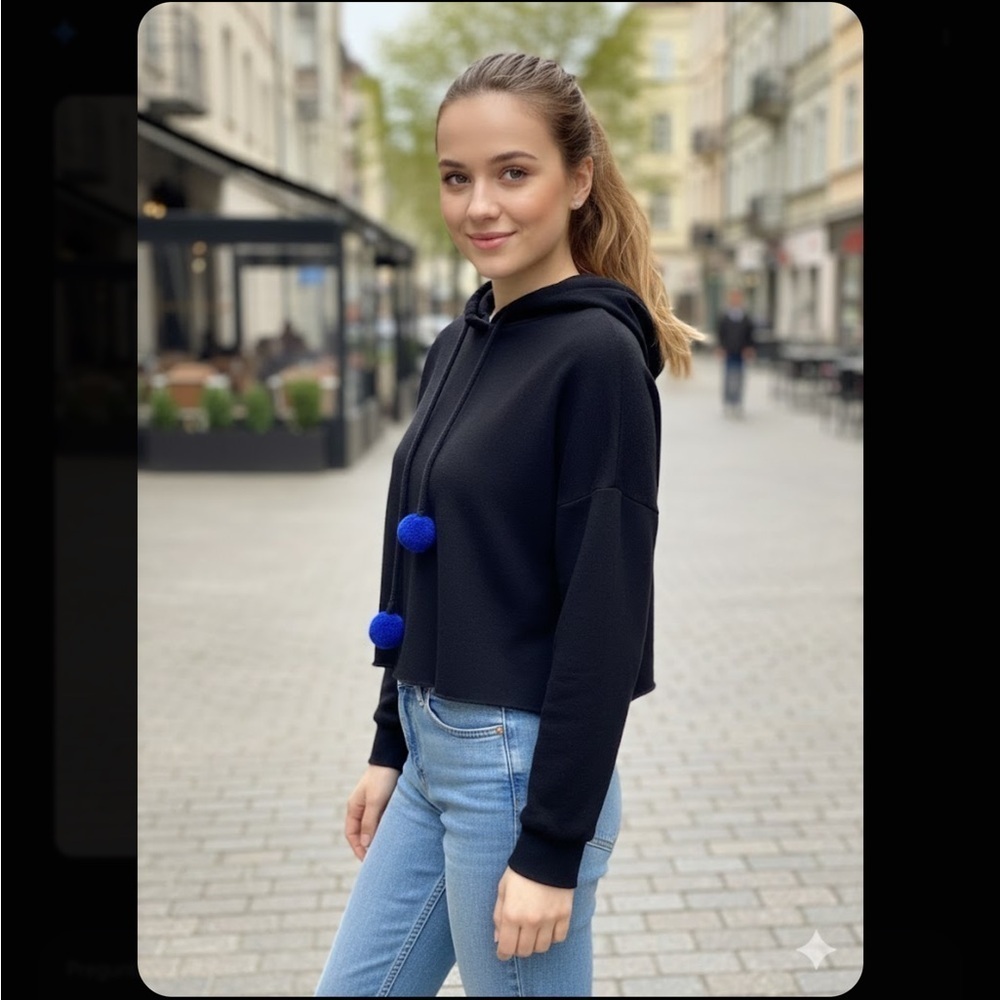 Zara Black Hoodie with Blue Pom Poms A0492